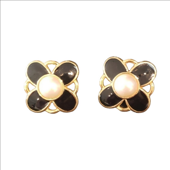 Vintage Jewelry - Vintage black enamel and pearl earings